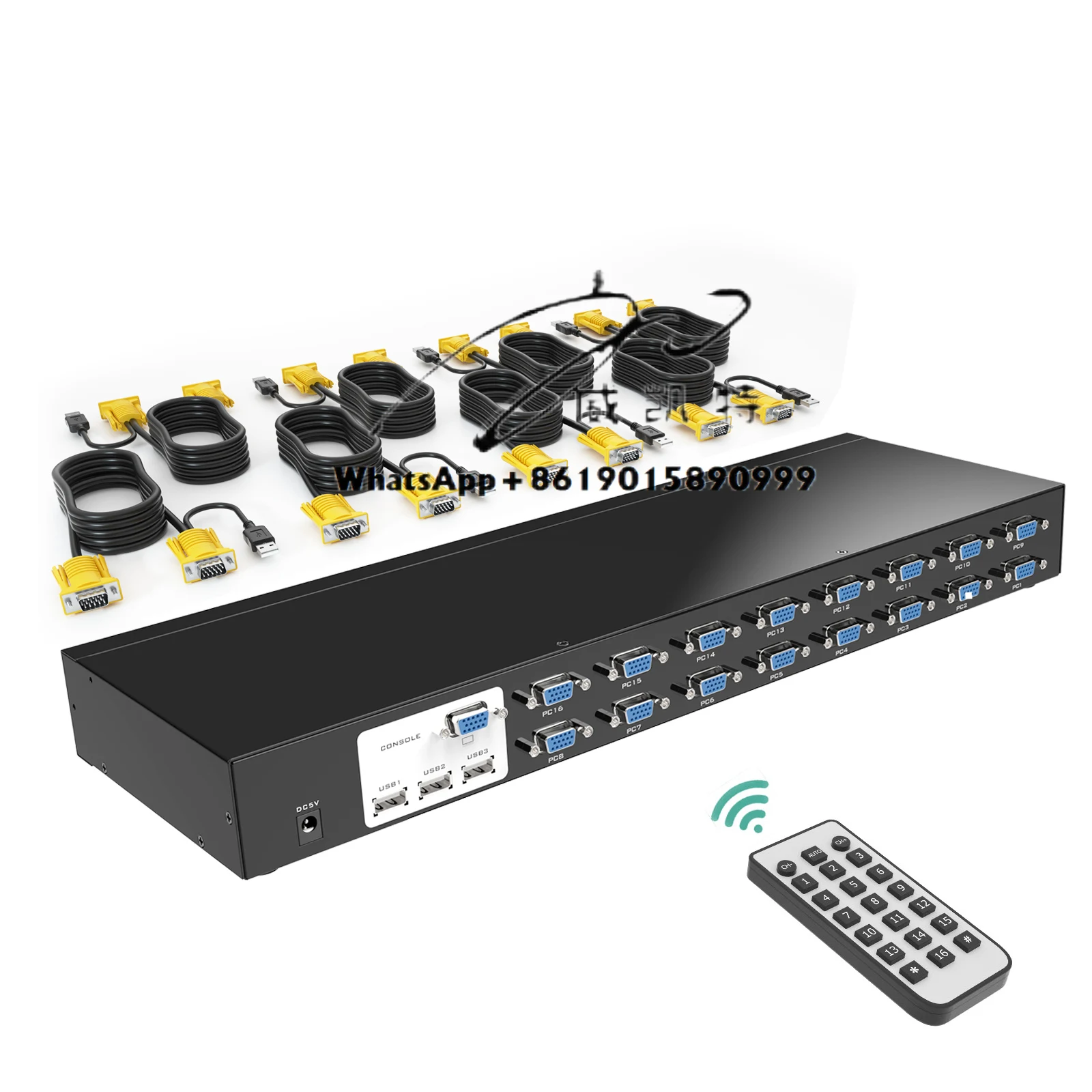 16 Port KVM Console VGA MT-VIKI Rackmount USB VGA KVM Switch 16x1 Switcher 16 in 1 Out + 16 Pack Cables
