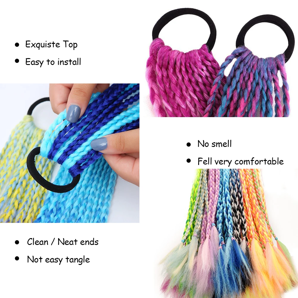 Kids Synthetic Blue Dirty Braided Ponytail With Elastic Band Gradient Color Braiding Pony Tail Hair Extensions For Girls Party