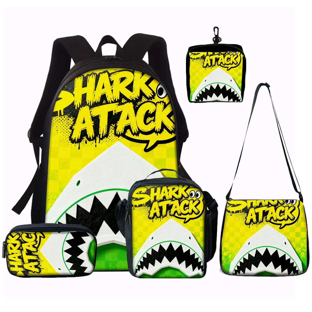 1/2/3/4/5PCS Trendy Shark Graphic Backpack Set | Perfect for School & Daily Adventures
