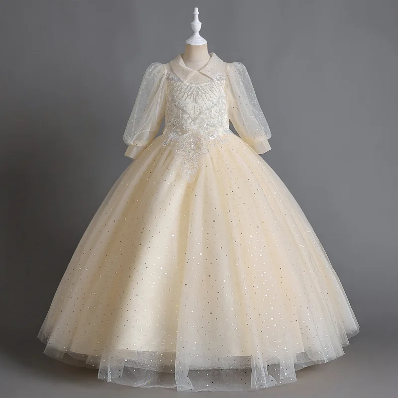 Children's Dress Long Sleeve Girls Lace Embroidered Flower Prom Gowns Christmas Party Bridesmaid Ceremony Holiday Kids Clothing