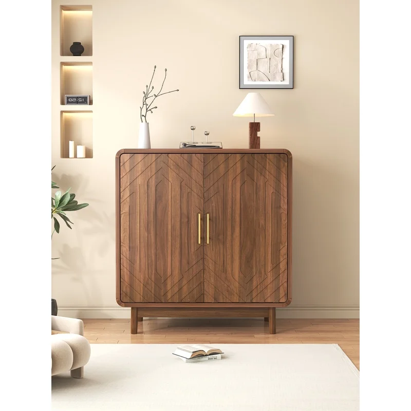 Carved walnut-finish side and dining cabinet with adjustable shelves, storage space, versatile for kitchen, dining room, entryway, living room, corridor, or office