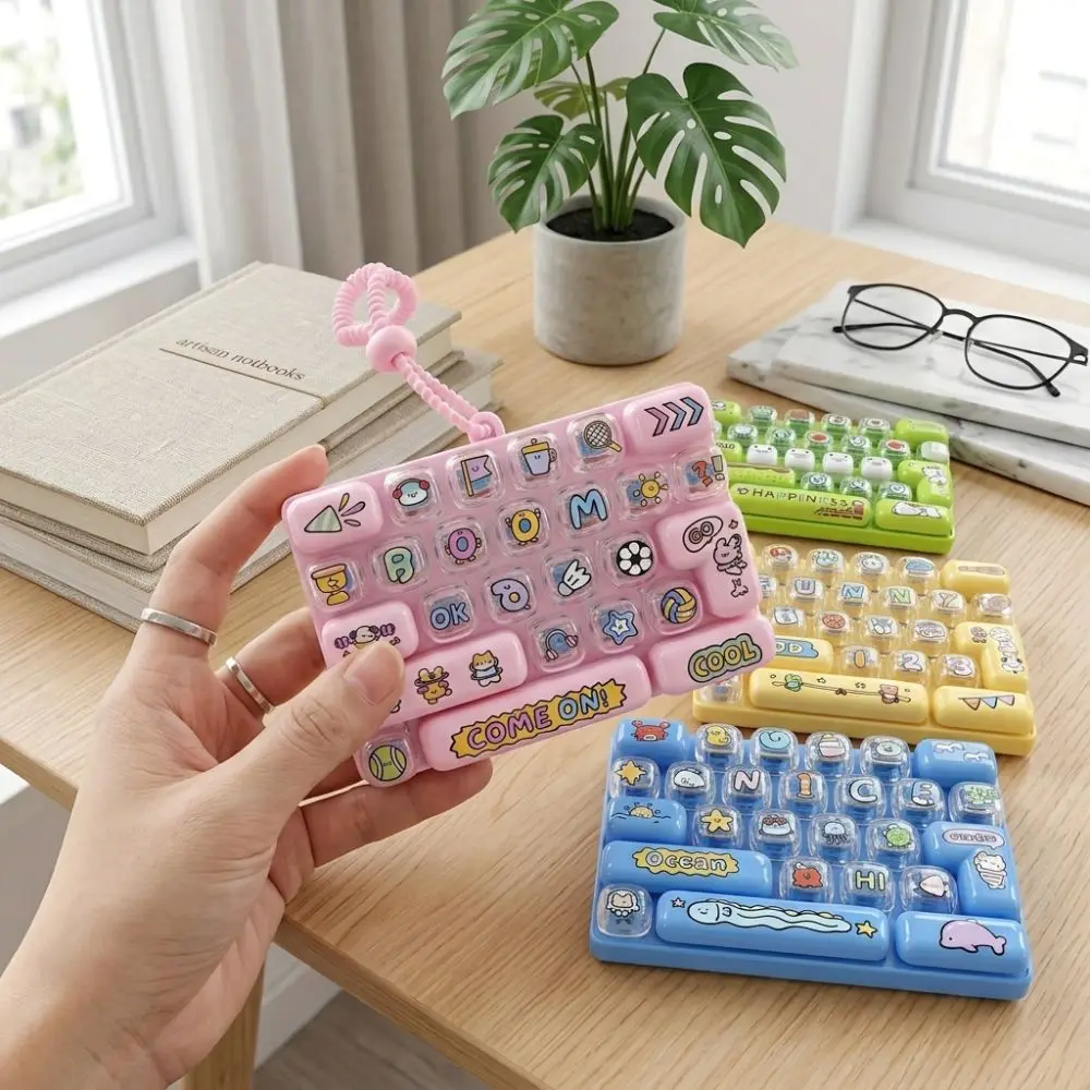 Cartoon 26 Key Keyboard Keychain Plastic Clear Key Sounds Mechanical Fidget Keyboard Clickable Keys Animal Patterns