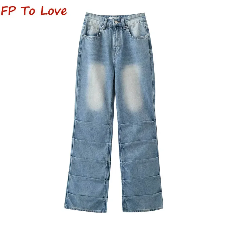 

Y2K Pleated Blue Jeans PB&ZA Woman Skinny Straight Design Spice Girls Vintage High Waist Loose Trousers Streetwear