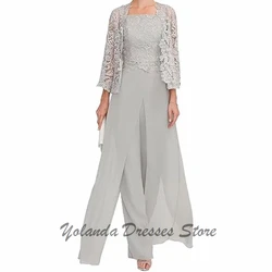 Fashion Pant Suit Mother of The Bride Dresses Lace Chiffon Formal Evening Gown Ankle Length Ruffles Long Sleeves Strapless 2025