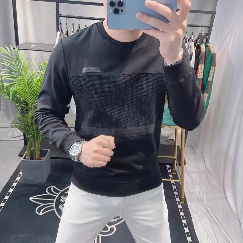 2024 Spring and Autumn New Splicing Men\'s Pullover O-Neck Minimalist Fashion Solid Color Loose and Versatile Long Sleeve Hoodies