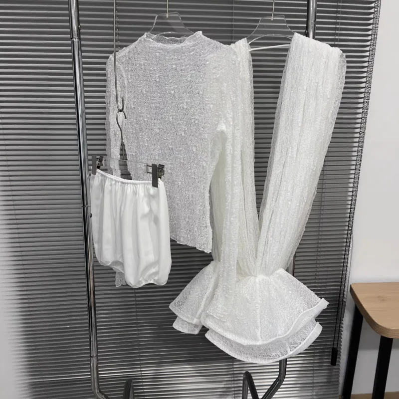 HKSH 2026 Spring Summer New Women's Short Dress O-neck Long Sleeve T-shirt Shorts Pleated Mesh Lace Elegant Sexy Dresses HK18092