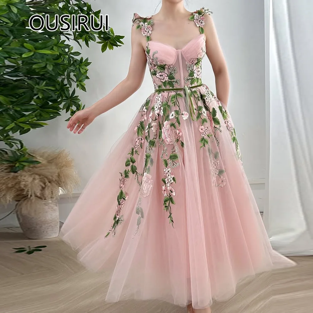 

Elegant Customized Spaghetti Straps Tulle A-line Prom Cocktail Backless and Lace up Tea-Length Prom Club Dress with Floral Lace
