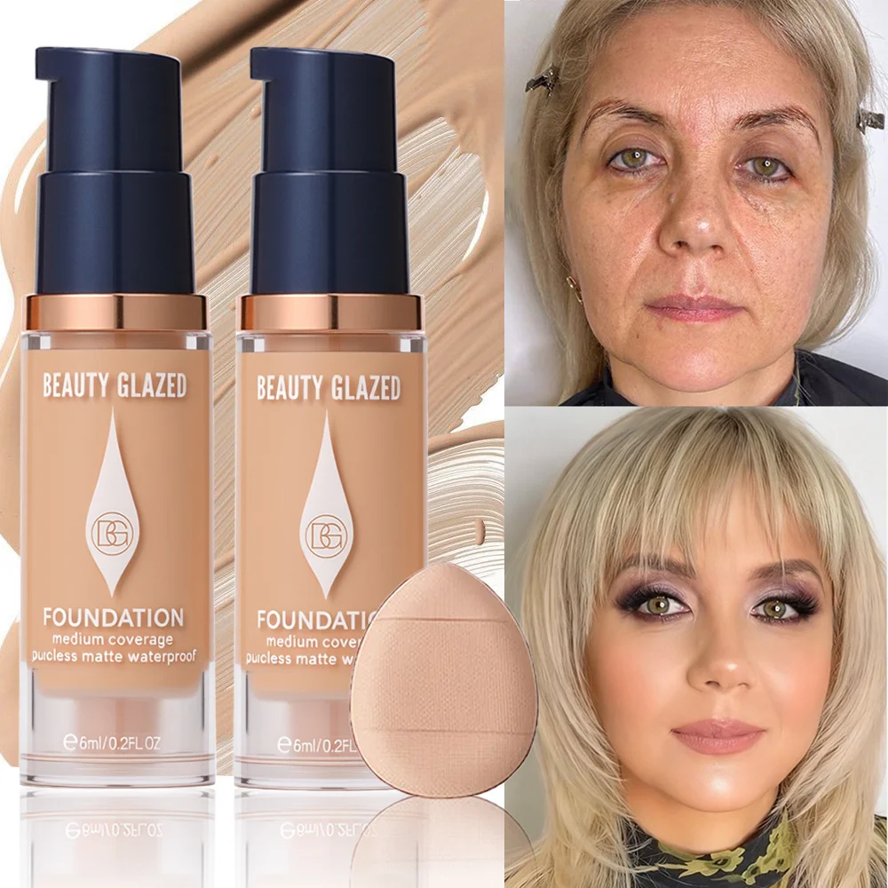 Set de Maquillaje para Rostro: 2 Bases Mate + 1 Esponja, Cobertura Total, 5 Tonos, Para Todo Tipo de Piel, Larga Duración, Resistente al Agua, Tamaño Mini