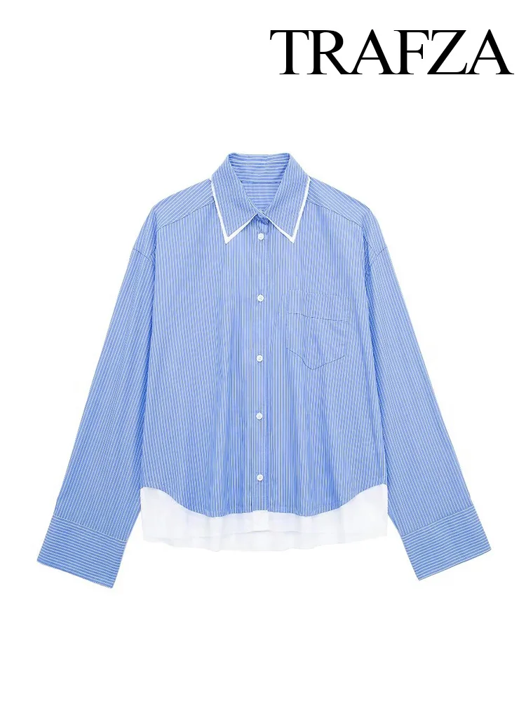 

TRAFZA Women Summer New Fashion Blue Striped Casual Shirt Retro Lapel Single Breasted Women Long Sleeve With Pocket Shirt TRAF