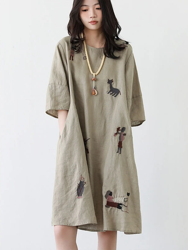 夏の新しいレディースTシャツワンピース刺繍ルーズドレス