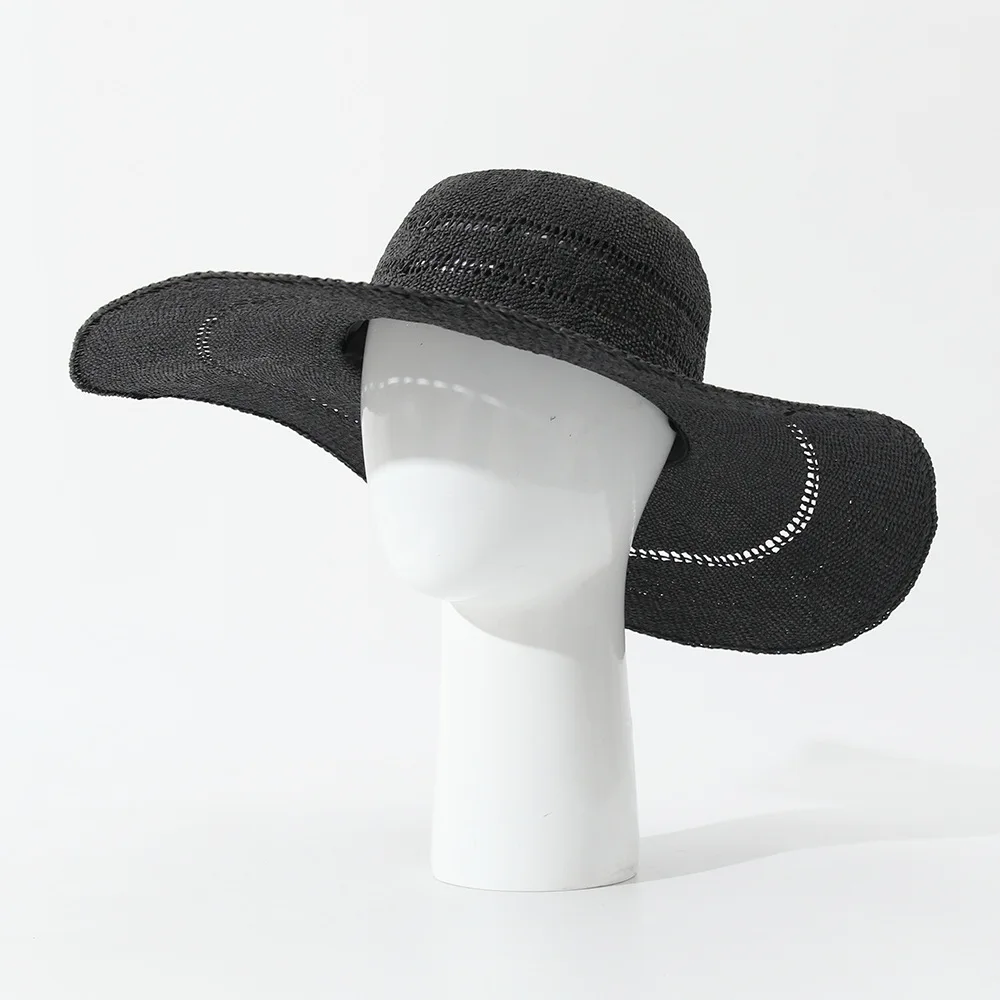 Spring Summer Wide Brim Round Top Straw Hat Foldable Beach Sun Protection Cap Women