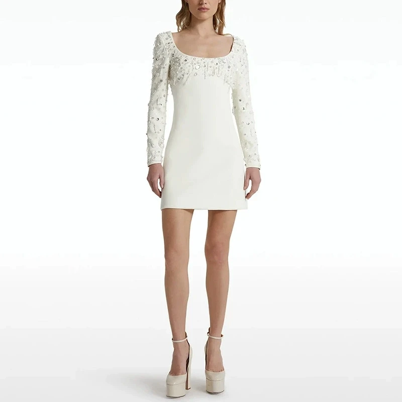 

Spring And Summer New Fashionable And Elegant Commuter Women's Long Sleeved U-Neck Heavy Nail Bead Studded Diamond Dress