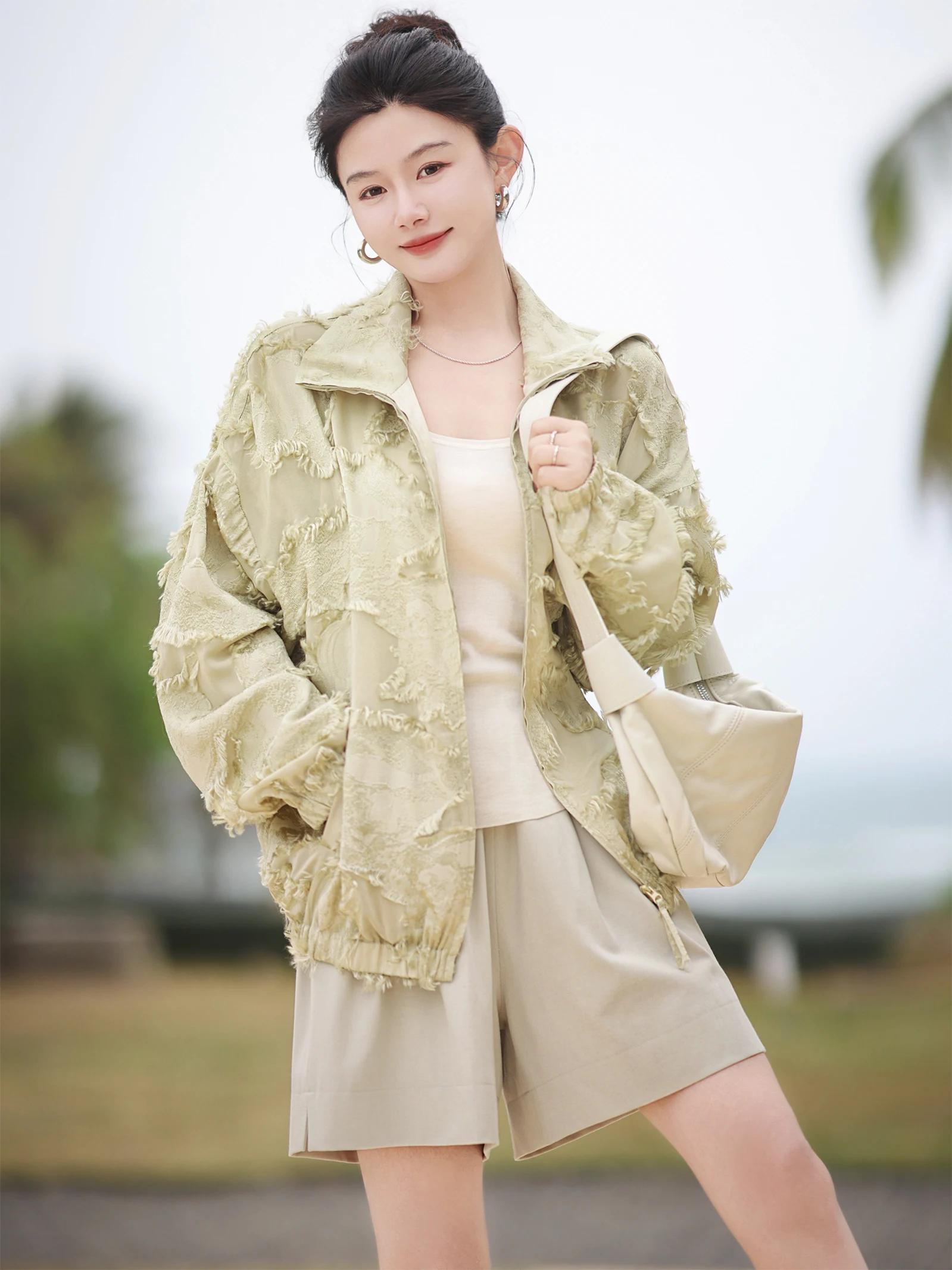 

Женская повседневная куртка Zhaodaxi Crtsmanip с цветочным вырезом, отложным воротником и элементами ручной работы, для офиса и повседневной носки