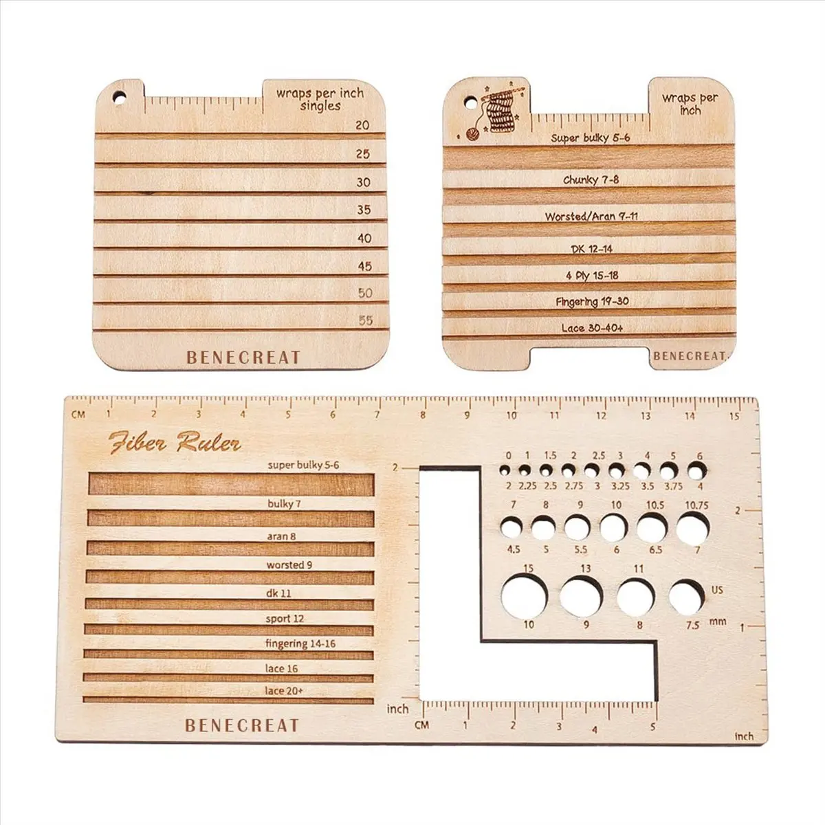 *A91P 3 Style Wood Knitting Needle Gauge and Ruler, Spinning Control Card Knitting Tool for Spinners Yarn Measuring Tools