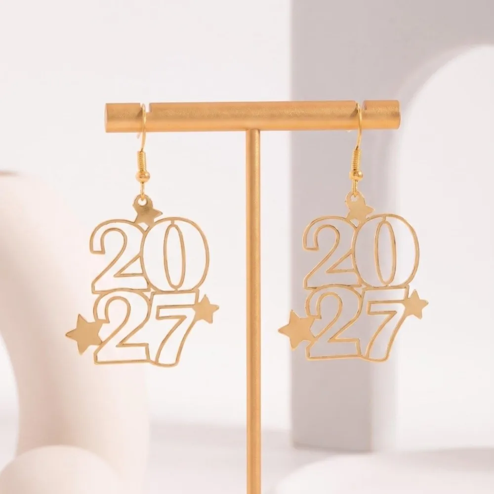 Elegant 2027 Digital Earrings Hollowed-out Fashion Metal Iron Happy New Year Earrings Star Design Long Drop Stud Earrings