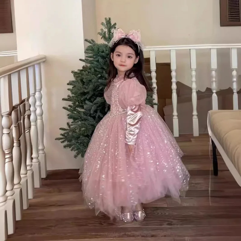 New Sequined Pearl High-End Pink Elegant Graceful Birthday Party Dress Dress 2026 Girls Spring, Autumn and Winter