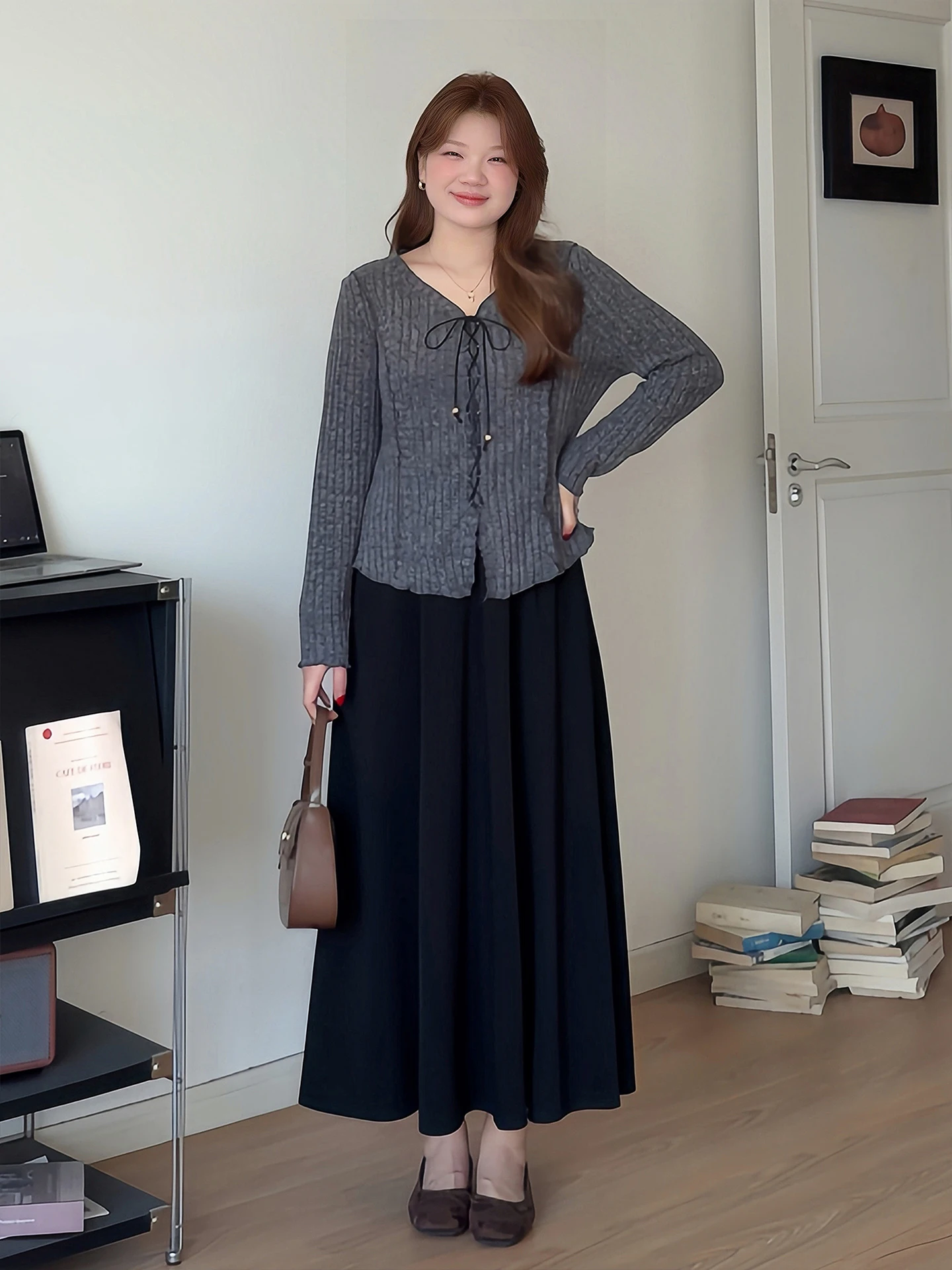 

plus Size Spring Outfit Slimming Effectiven Pattern Top And Skirt Set High Waist A-Line Skirt Long Sve V-Ne Design