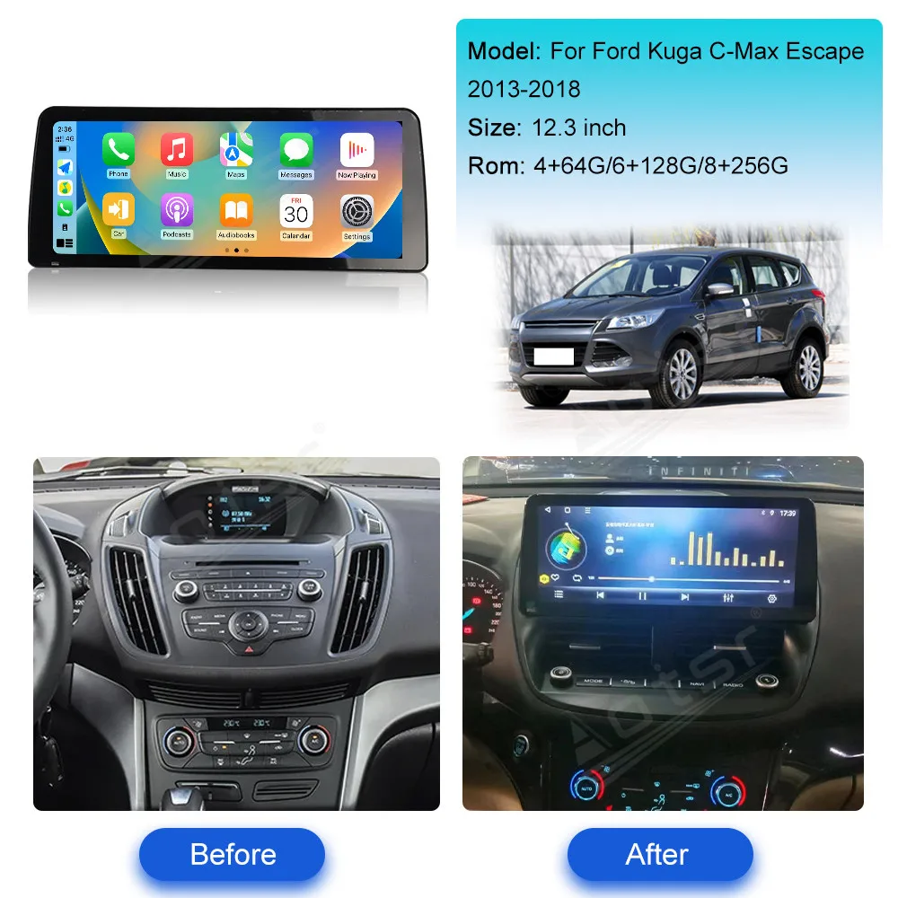 12.3 inch IPS Screen Car Radio Head Unit For Ford Kuga Escape 2013-2018 Android 13 Multimedia Stereo GPS Navigation DSP Player