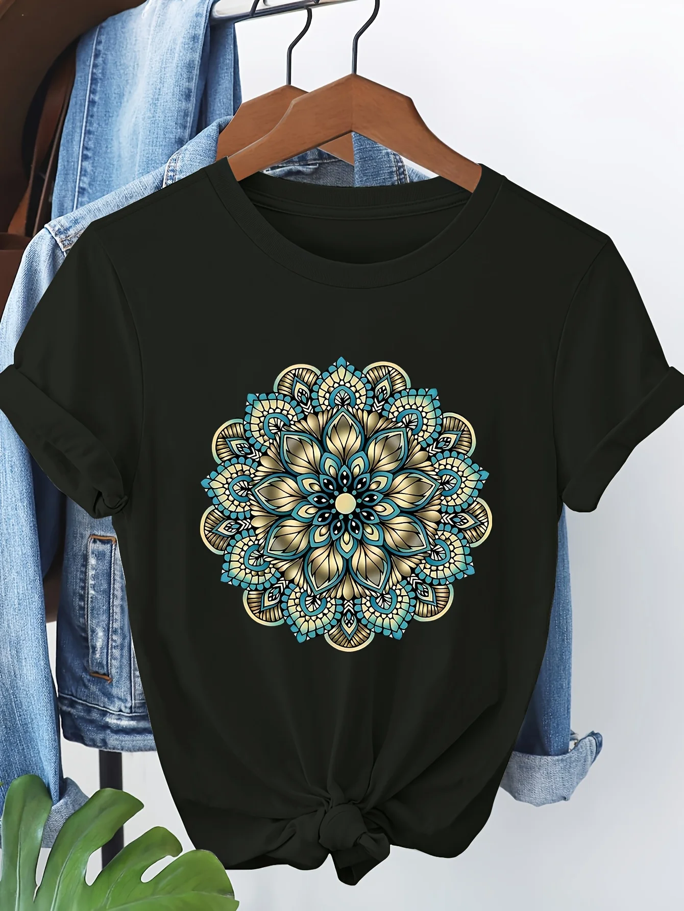 Women's Floral Mandala T-Shirt - Dark Green with Teal Golden Accents Breathable Everyday Casual Top Spring Aesthetic Clothes
