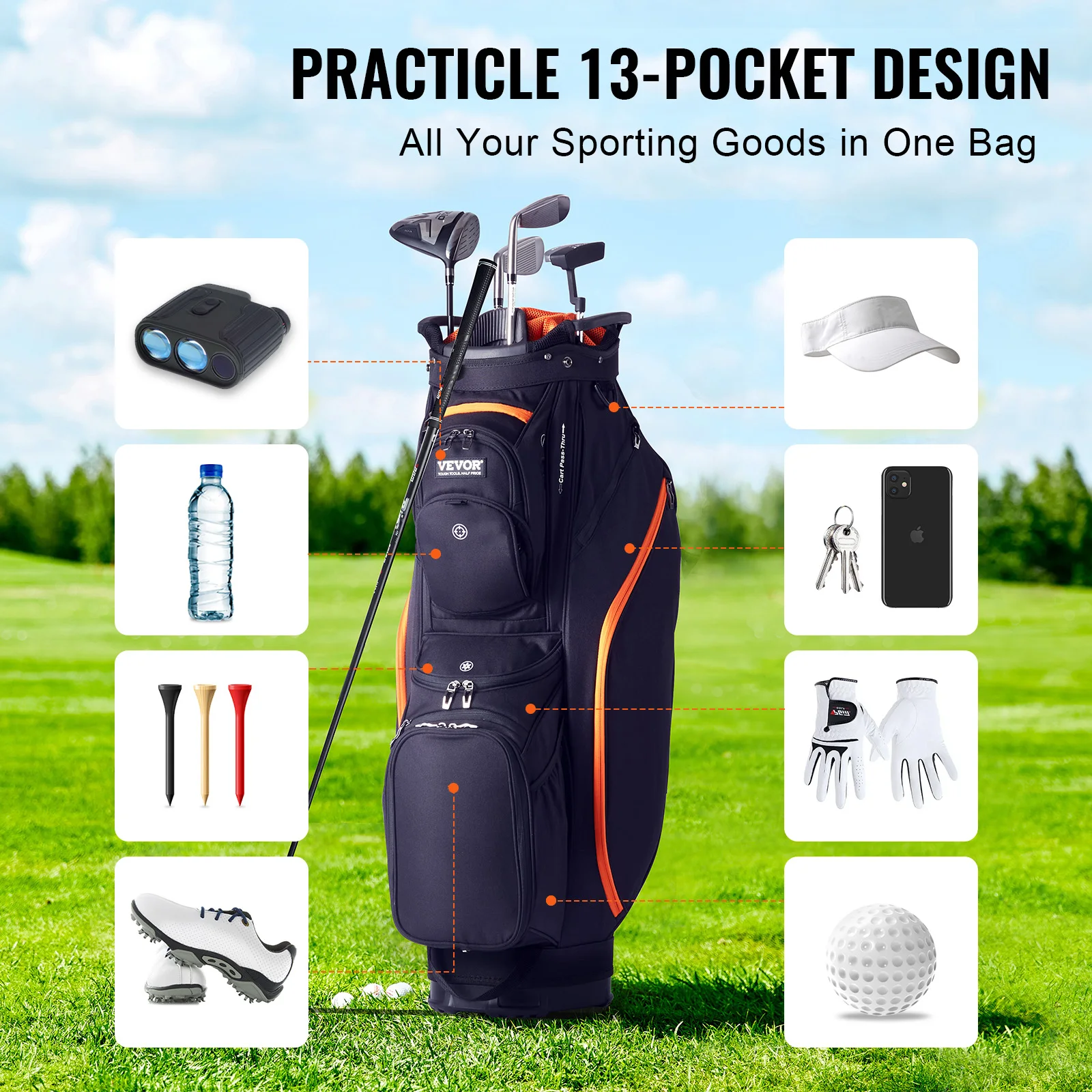 VEVOR Sacca da Golf con Divisori Organizzatori a 14 Vie, Sacca da Golf Premium 920 mm con 13 Tasche, Borsa da Golf Resistente con Manici, Copertura Antipolvere e Cinghie Staccabili Nero e Arancione