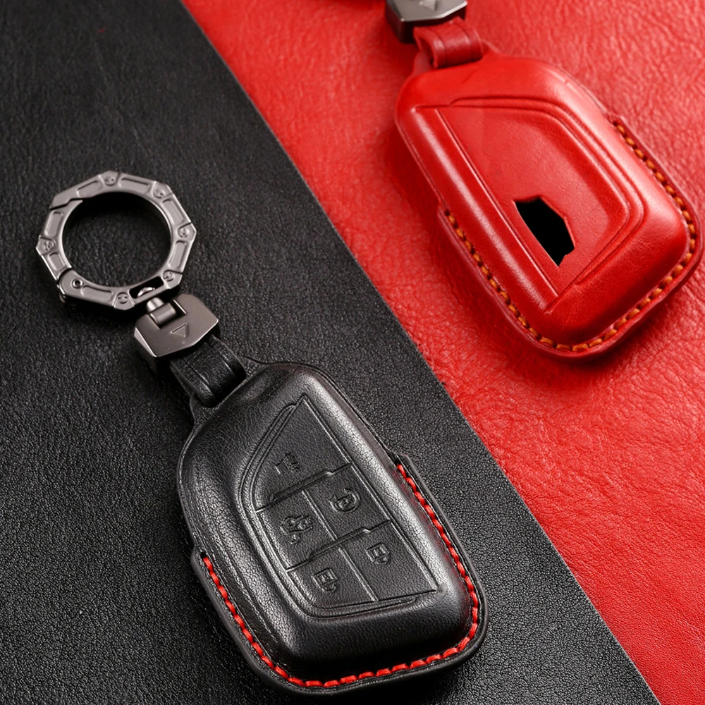 5 Bottons Leather Car Key Fob Case Cover Shell for Cadillac CT4 CT4-V CT5 C8 Corvette LYRIQ 2022 2023 2024 Keychain Accessories