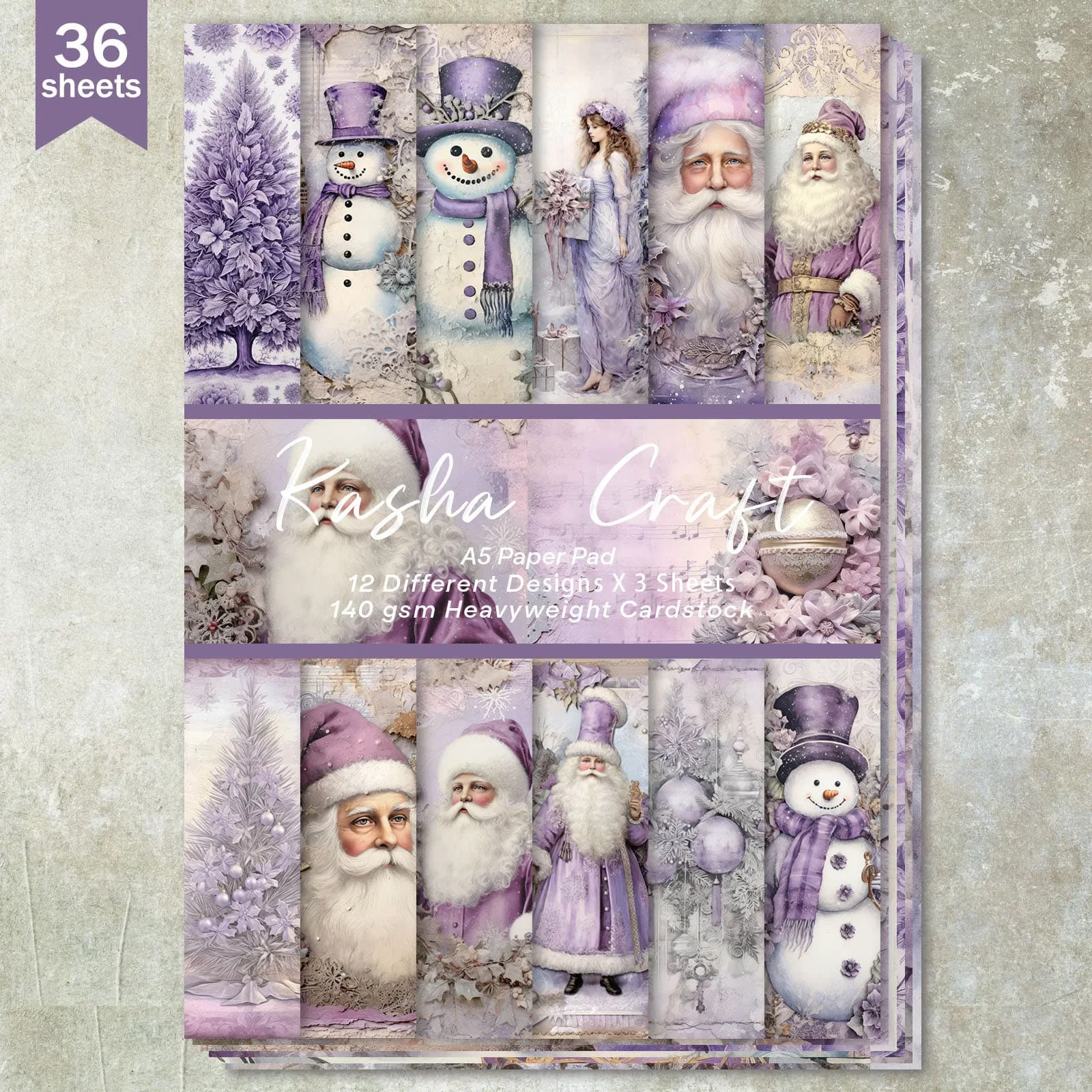 36 hojas A5 (árbol de Navidad de muñeco de nieve de Papá Noel púrpura), papel fino recortado para diario de balas, revista basura, fondo de tarjeta de felicitación