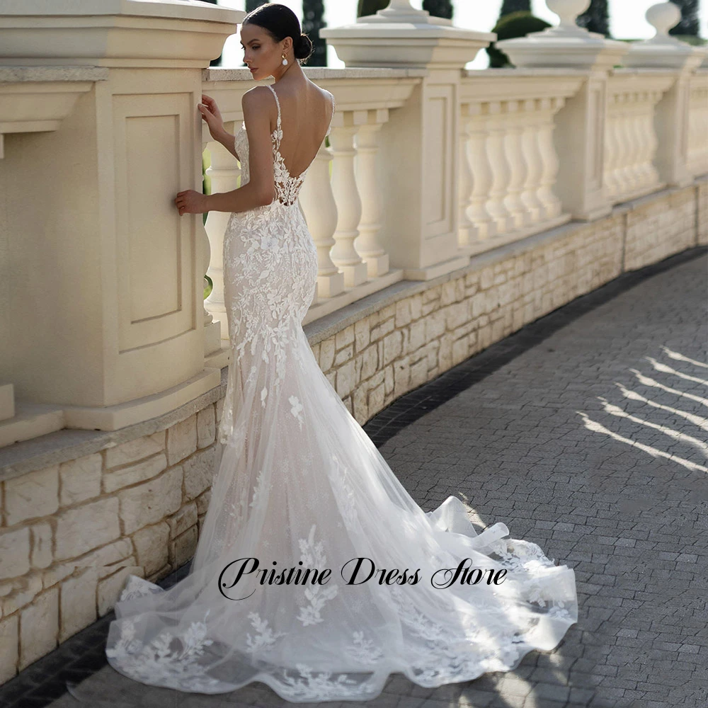 Luxury Mermaid Tulle Wedding Dress Women Spaghetti Straps Appliques Lace Customized Sleeveless Bridal Gowns with Court Train