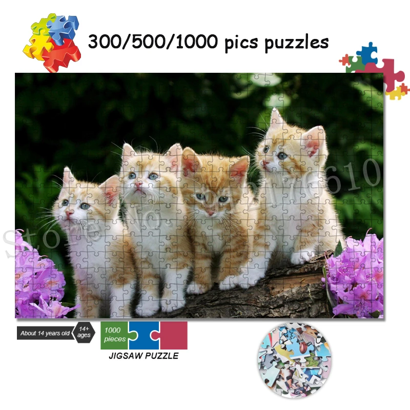 

Cute Kittys 300/500/1000 Pieces Jigsaw Puzzle Flowers 4 White Cats Puzzles Decompressed Animals Game for Kids Educational Decor