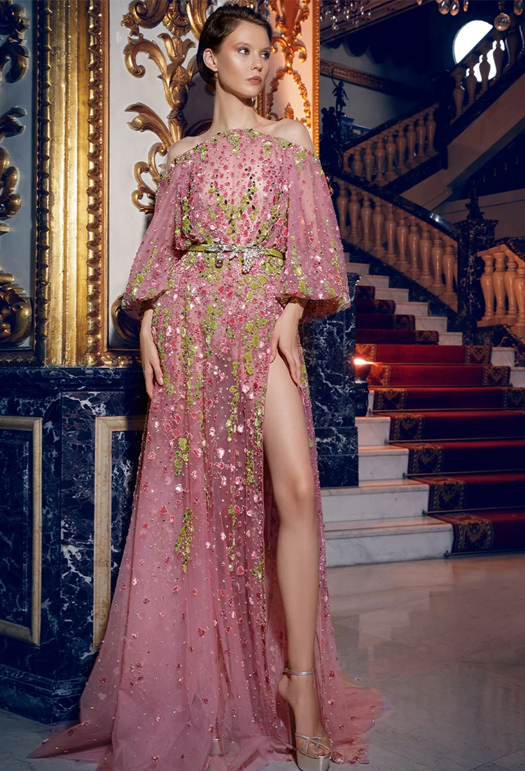 L266 New Arrival Pink Long Sleeves Velvet Beaded  ساتين السهرة vestidos de fiesta  فساتين سهره evening dresses