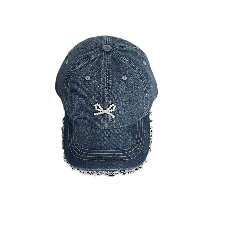 Korean Version of Niche Lace Denim Baseball Cap Female Sweet and Cute Three-dimensional Pearl Bow Trendy Sports Hat Casquette