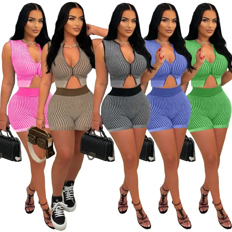 

Women Striped Knitted 2 Piece Set Double Zipper Sleeveless Crop Tops + High Waist Skinny Shorts Stretch Slim Casual Street Suits