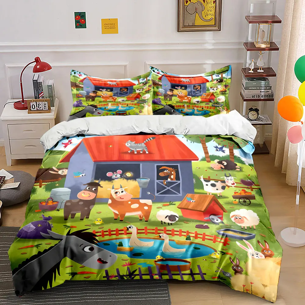 Farm animals in lively scene Bedding Set for Kids Luxury Gift 3pcs Digital Print Comforter Set Soft Comfortable Breathable