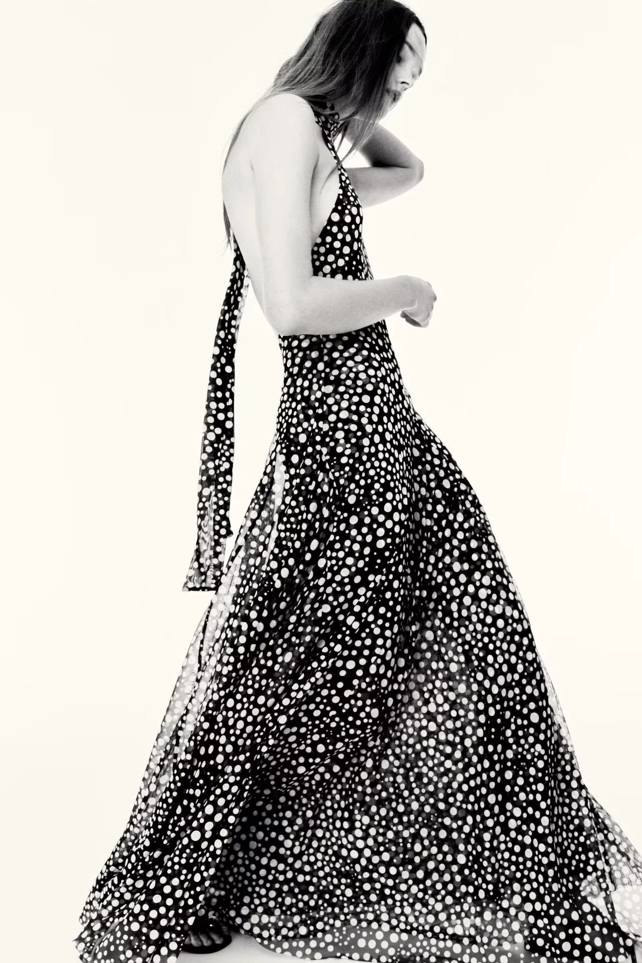 Spring Summer 2025 Polka Dot Ne Hanging Dr Cross-Border Sle Long Fi Tail Gown Soft Polyester Fiber No Sve Women's...