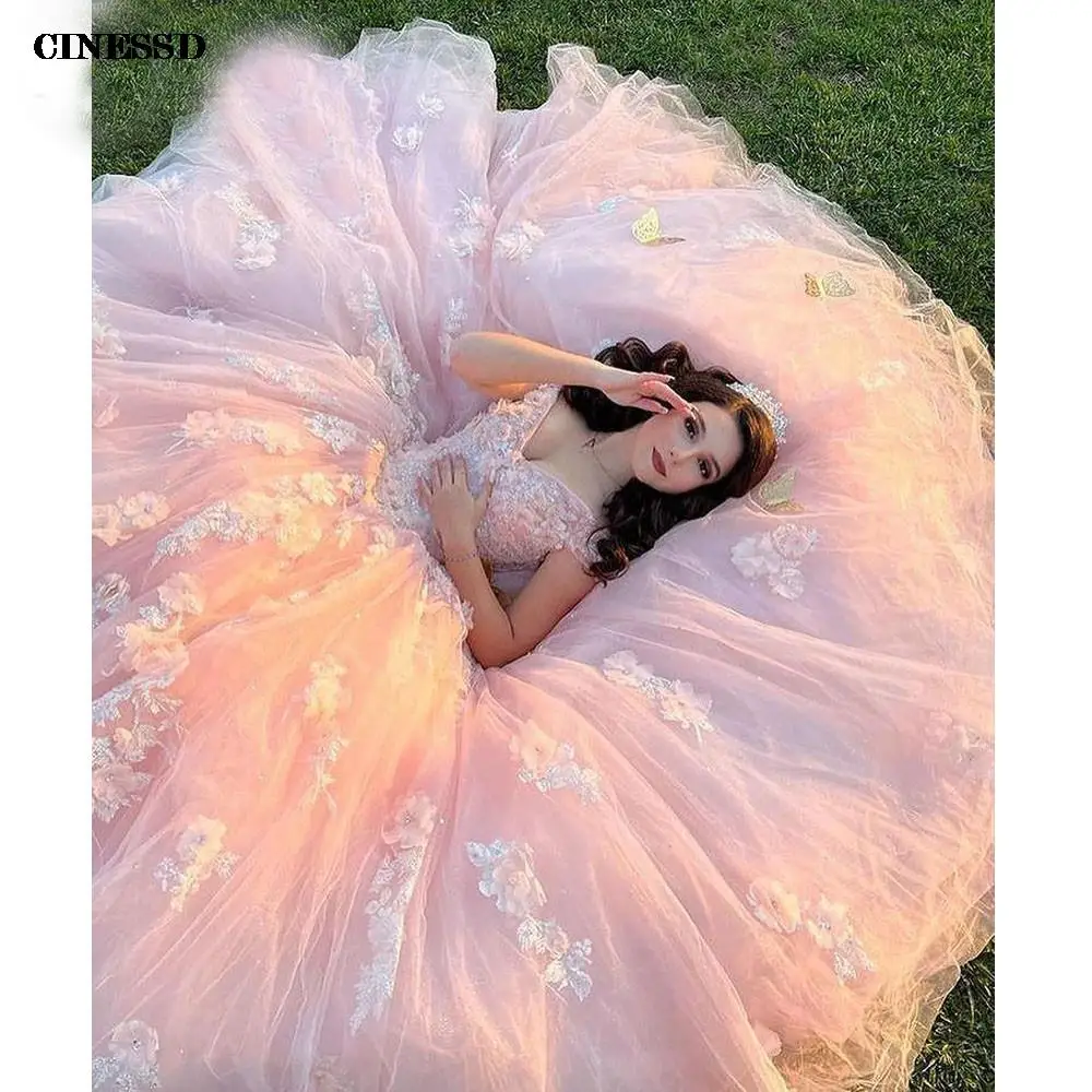 Бальное платье принцессы с круглым вырезом, розовое платье Quinceanera без рукавов, 2022 вечерние, платье с 3D кружевной аппликацией, модное с открытыми плечами