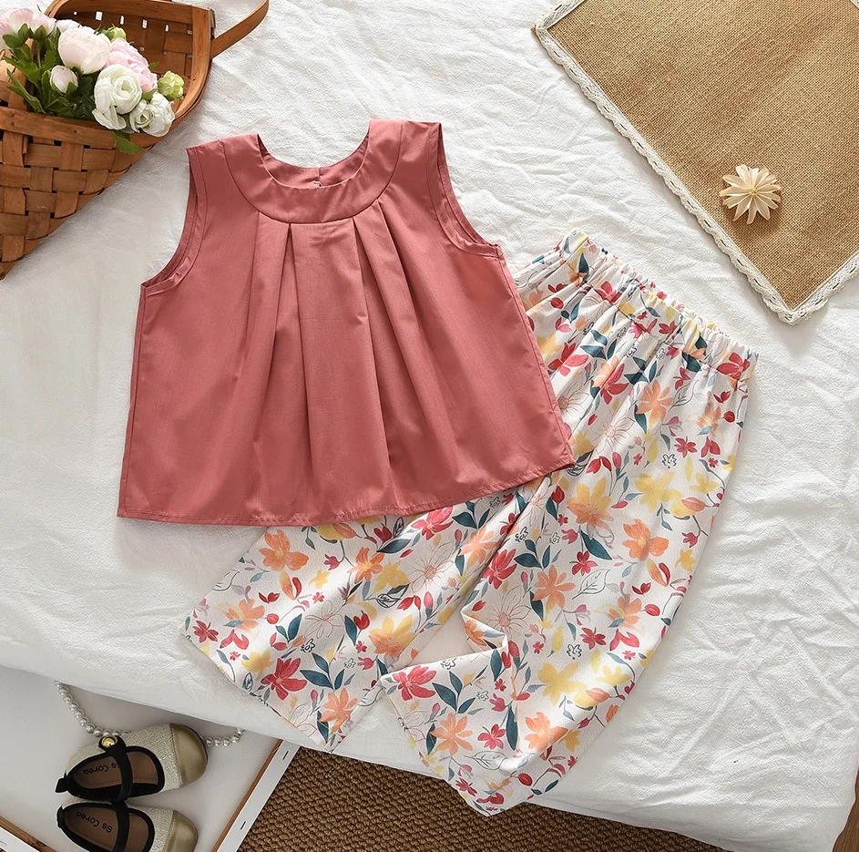 Eu's SWIND Toddler Girls Suit Spring Summer Sleeveless solid-color top and floral pants Sweet Two-piece Set 3-7 Years Old