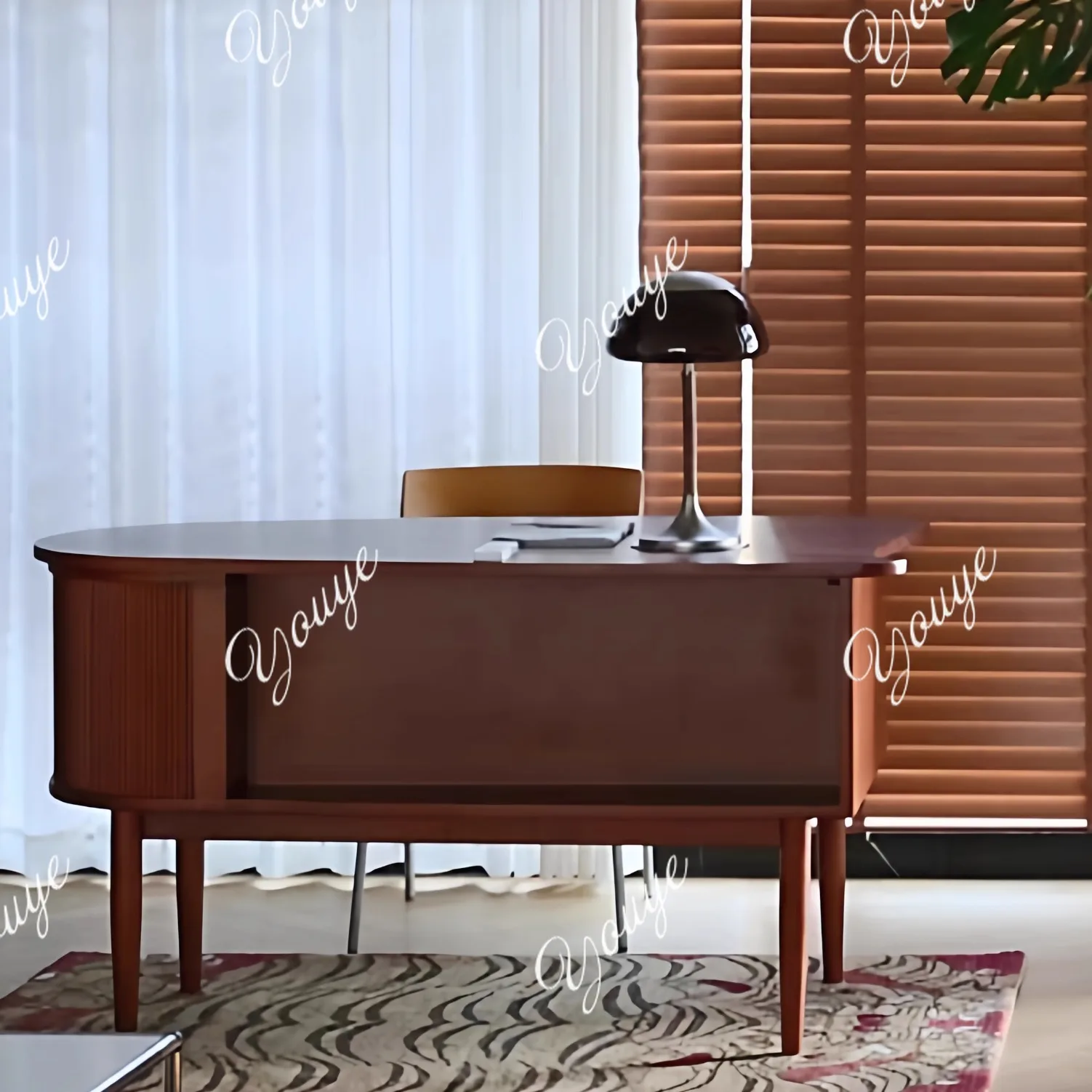 Medieval style cherry wood solid wood retro curved rolling shutter door multi-functional double-sided desk