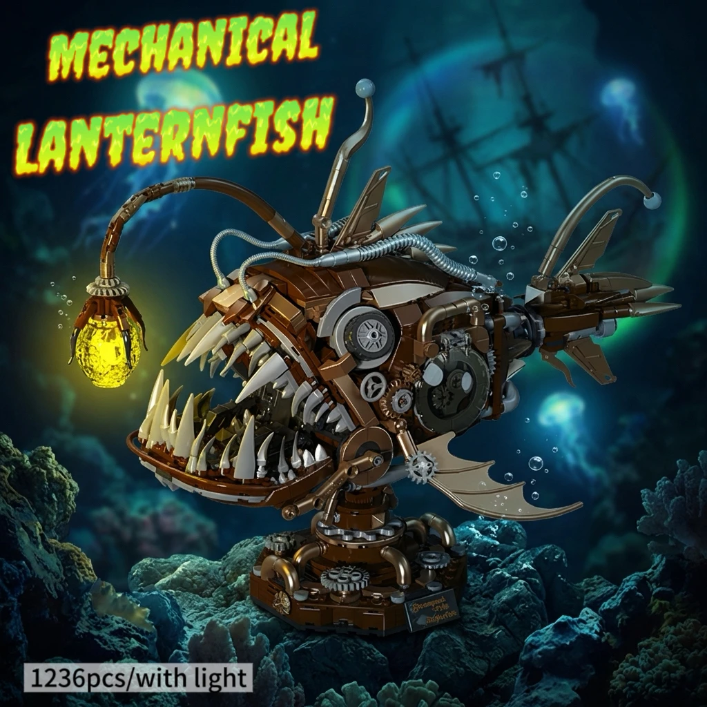

Набор для сборки механического фонаря-рыбы (1236 деталей) с подсветкой, модель в стиле стимпанк, декор для стола, подарок для взрослых (сделай сам)