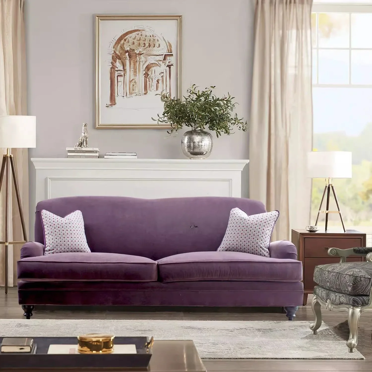 Belgian American country solid wood fabric double triple sofa, model house villa living room combination furniture