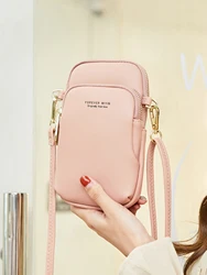 Solid color mini compact women's crossbody bag, fashionable and multifunctional PU leather two-layer phone bag, women's wallet