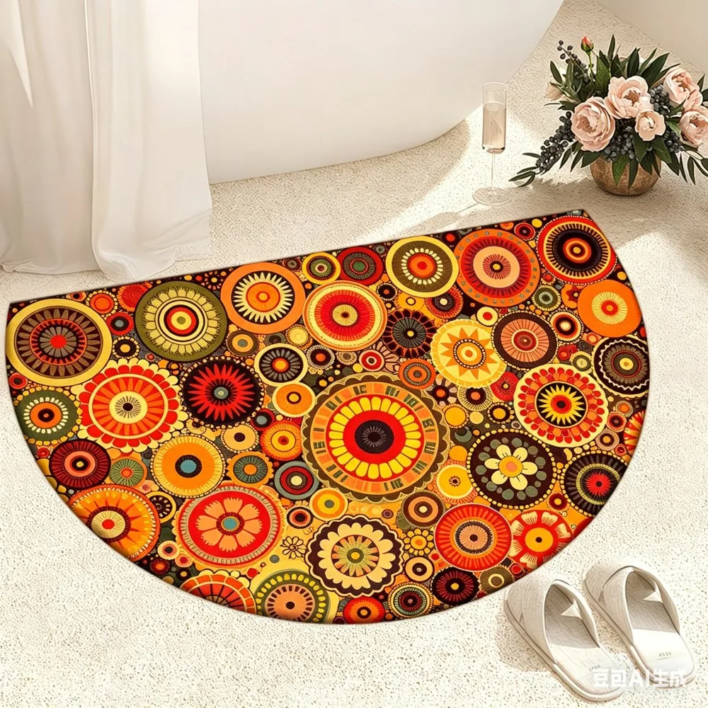 Vibrant Colorful Geometric Half Moon Rug Decorative Semicircle Welcome Mat Non-Slip Washable Entrance Carpet for Kitchen Bedroom