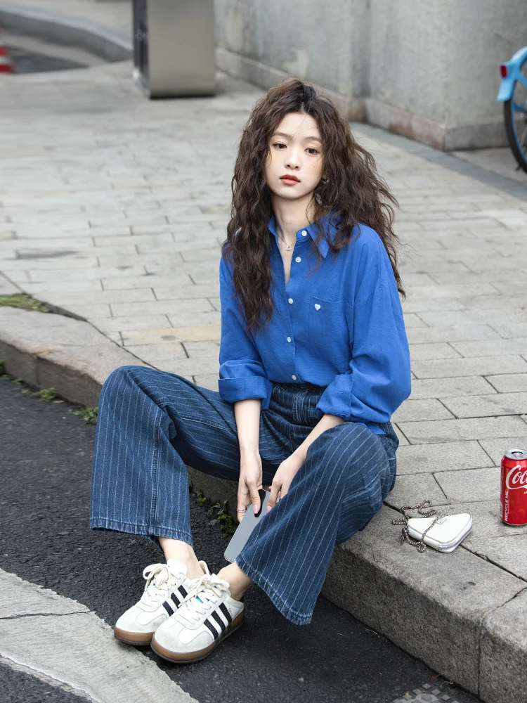 

Свободная повседневная рубашка с длинным рукавом в корейском стиле, новая весенняя модель, цвет Klein Blue, с воротником, универсальная, удобная женская рубашка