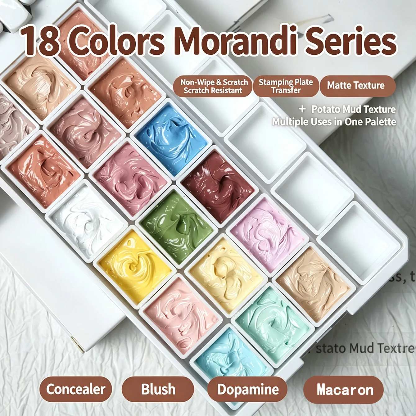 18‑Color Morandi Potato Mud Nail Stamping Gel Palette Non‑Wipe Stamp Gel Multi‑Use for Blush Ombre Manicure