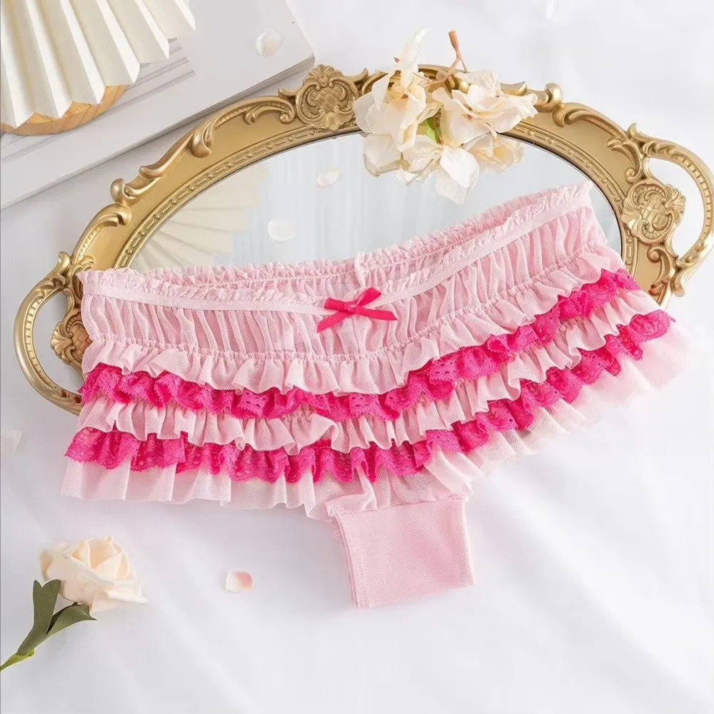 Cotton Crotch Women's Lace Panties Sweet Bow Lace Trim Ruffled Lace Panties Layered Ruffles Breathable Mesh Women's Underwear