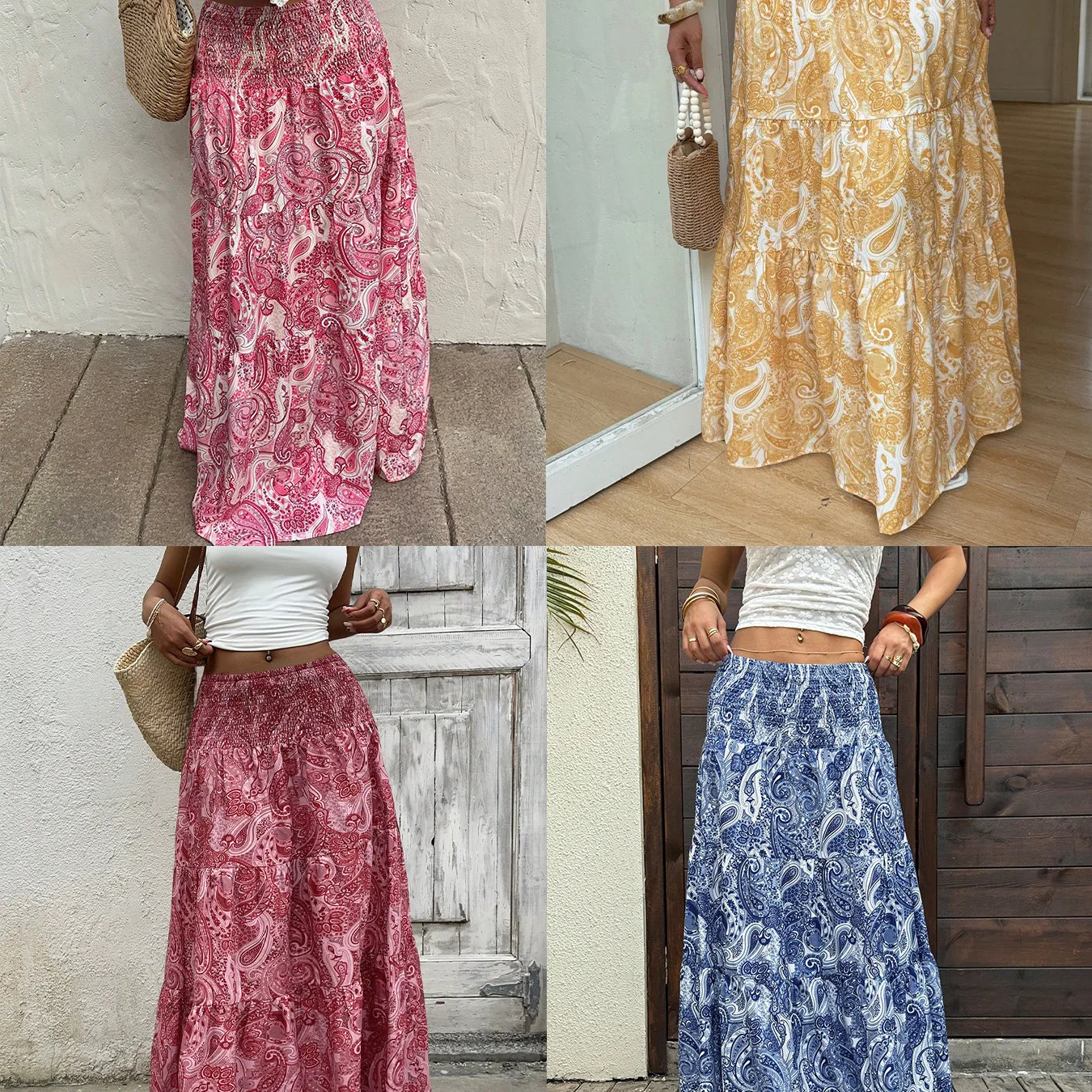 Bohemian Print A-line Skirt Women New Comfortable And Casual Beach Vacation Style Elastic Waist Skirts Lady Medium Length Skirt