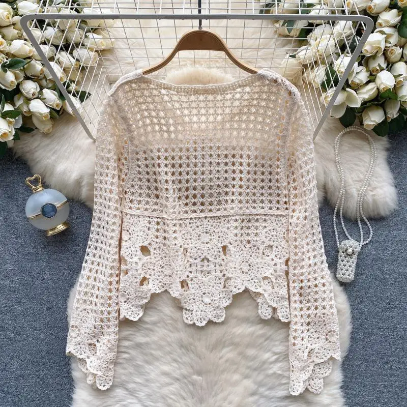 Luxurious Heavy Embroidered Openwork Irregular Hem Short Top  Women Vacation Style Cover-up T-shirt