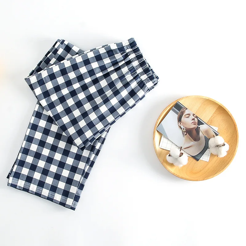 Cotton Plaid Large Size Pajama Pants Woman Blue Elastic Waist Pajama Trousers Soft Breathable Home Wear Sleeping Pants Winter