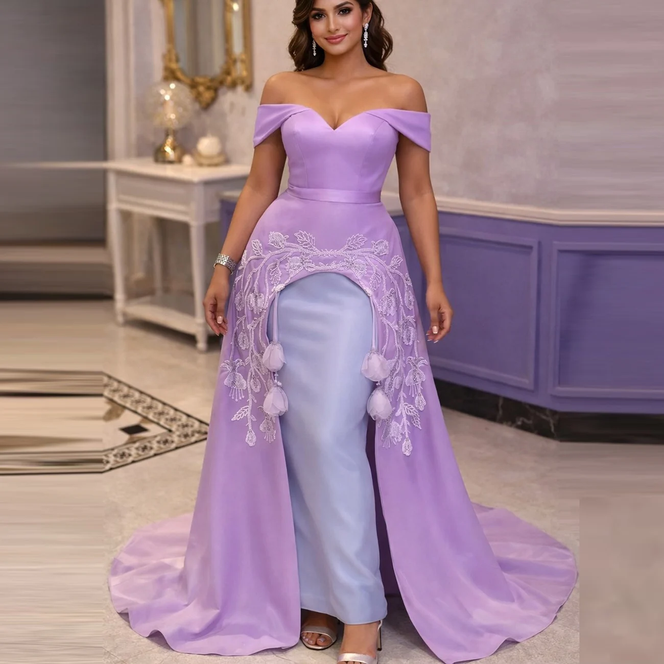 

Лавандовое платье для выпускного вечера с открытыми плечами, кружевные аппликации, 3d цветы, аппликации, трапециевидные вечерние платья, женское вечернее платье в Саудовской Аравии