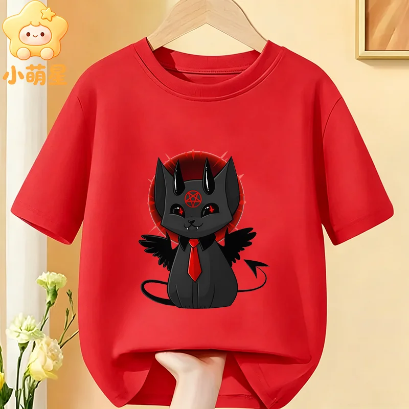 Funny Winged Devil Black Cat Printed Children's T‑Shirt Halloween Pattern Soft Cotton Kids Short Sleeve Boys Girls Party Clothes
