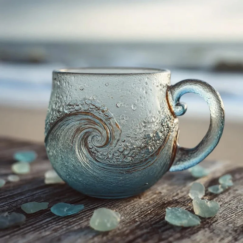 

Sea Glass Wave Mug 12 Oz Handblown Ocean Wave Glass Mug Cup Unique Textured Beach Theme Mug For Tea Wine Handcrafted Sea Inspire
