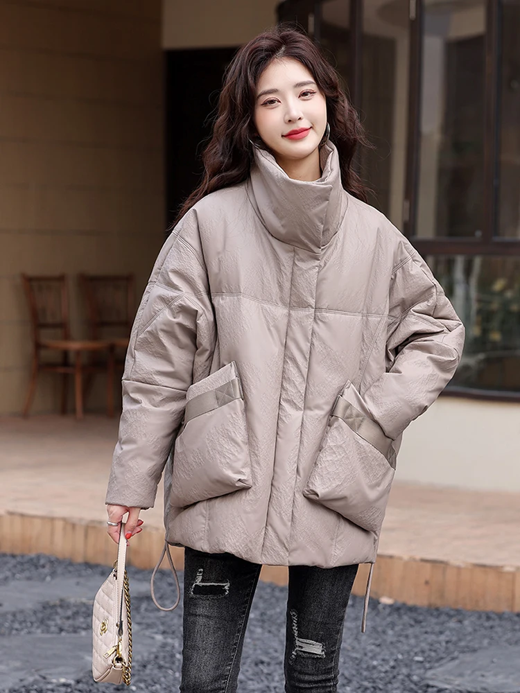 Giacca in Pelle di Pecora Haining da Donna, Invernale, Imbottita, Lunghezza Media, Vestibilità Ampia, Collo Alto, Calda e alla Moda